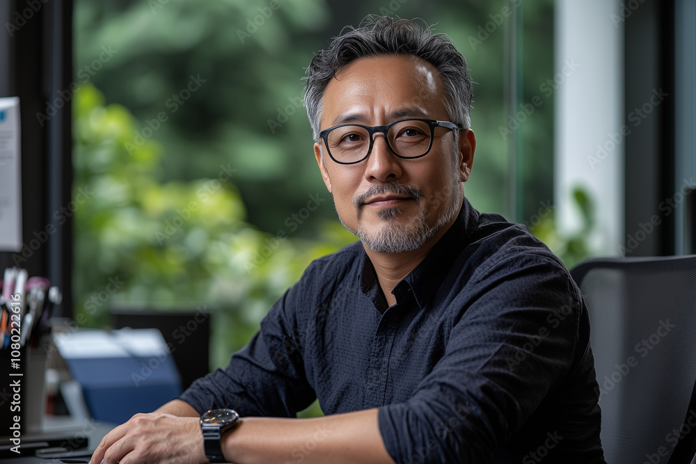 Fototapeta premium A confident professional man in an office setting, showcasing thoughtful expression and modern workspace filled with greenery. His attire is casual yet polished, reflecting blend of comfort and profes