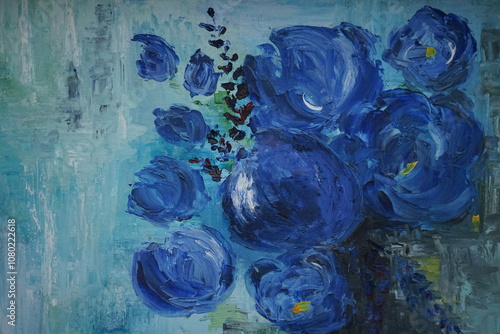 blue flowers painted in oil in impressionism style