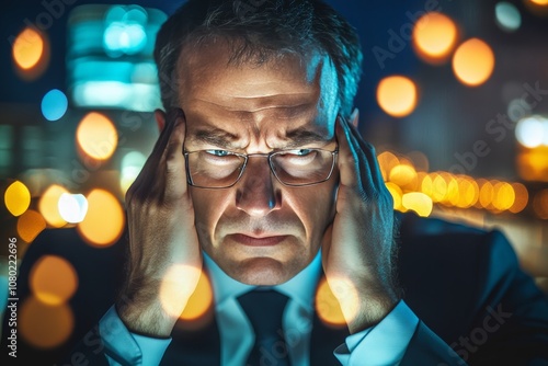 Businessman in modern office at night, massaging nosebridge to ease headache and relieve stress. photo