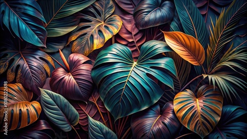 Dark Tropical Leaves on Textured Background: Surreal Imagery of Lush Foliage, Intricate Shadows, and Rich Colors for Nature Lovers and Interior Decor Inspiration