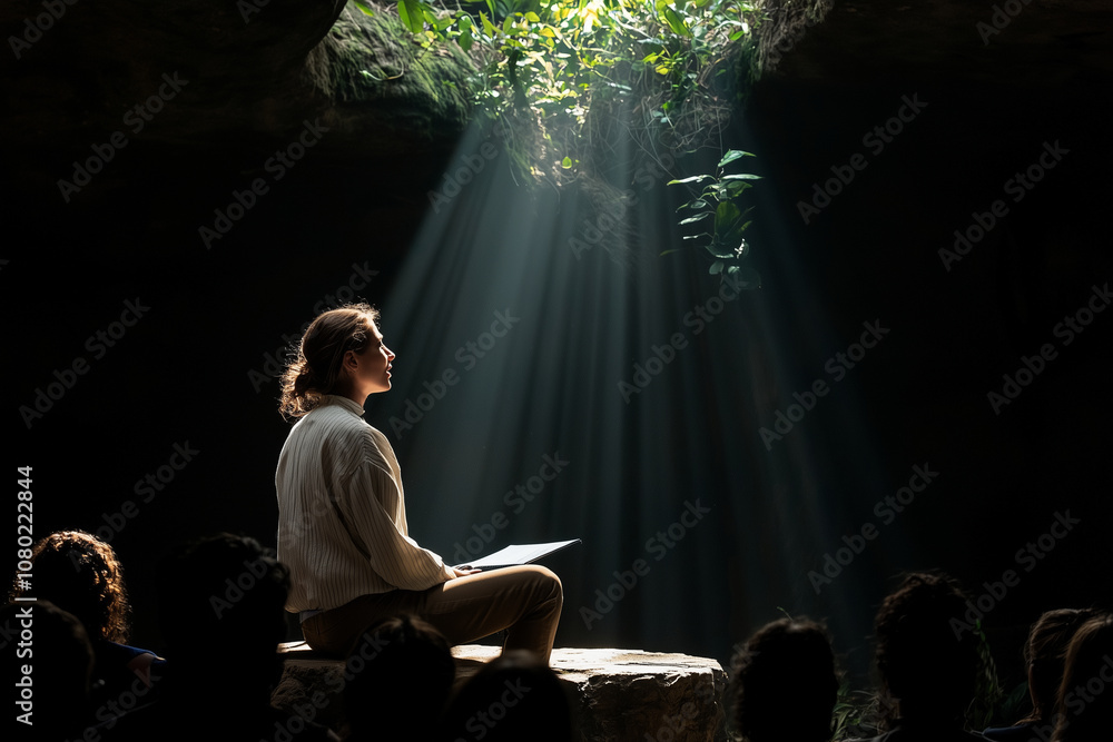 A charismatic speaker is addressing an audience in serene, natural setting illuminated by beams of light. atmosphere is contemplative and inspiring, creating connection between speaker and listeners A charismatic speaker is addressing an audience in serene, natural setting illuminated by beams of light. atmosphere is contemplative and inspiring, creating connection between speaker and listeners
