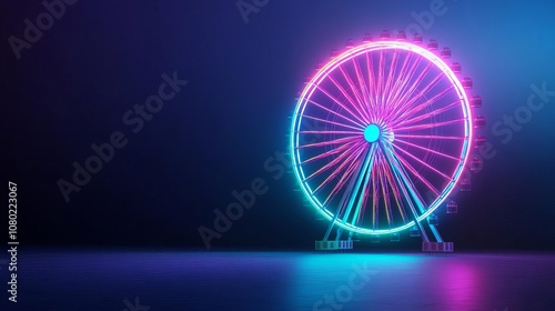 Night scene of a Ferris wheel glowing against a dark sky, extreme artificial contrast, vibrant carnival colors