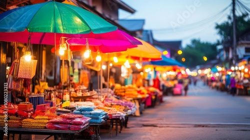 Nighttime street market scene with vibrant artificial lights, high contrast, vivid colors, energetic atmosphere