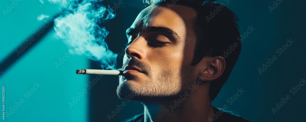 Fototapeta premium Portrait of a man smoking under harsh artificial lighting, deep shadows, high contrast, cinematic style