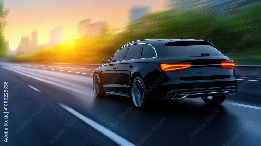 Obraz premium Golden hour city drive, car on city street during sunset