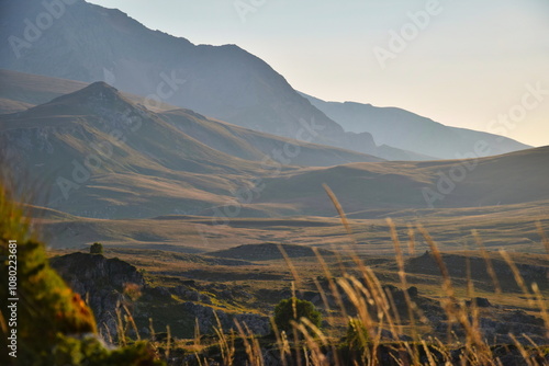 Sunset landscape of Lagonaki plateau mountains photo