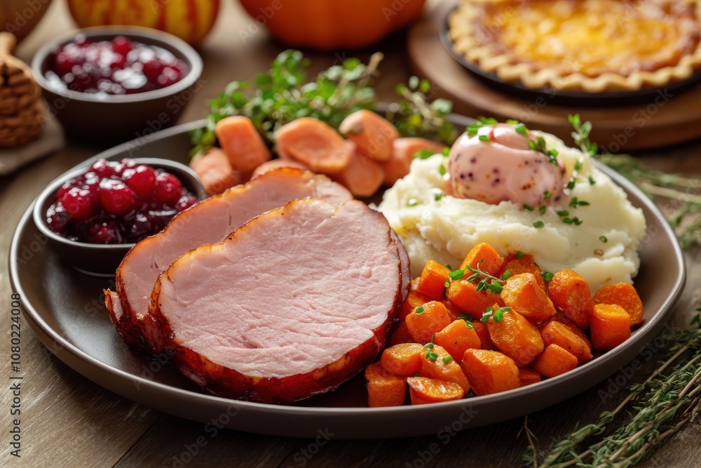 A festive plate featuring sliced ham, mashed potatoes, carrots, cranberry sauce, and pie. A festive plate featuring sliced ham, mashed potatoes, carrots, cranberry sauce, and pie.