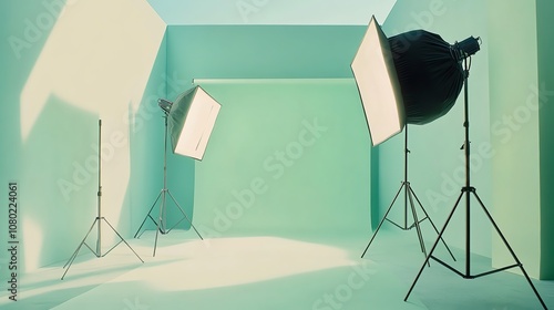 A photo studio with two lights and softboxes set up against a green backdrop.