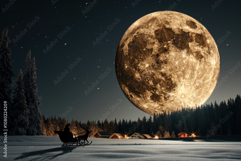 Naklejka premium Christmas Eve. Santa Claus and his reindeer fly across a starry night sky with a glowing full moon, leaving a sparkling trail. Snowy trees below add to the holiday magic. 