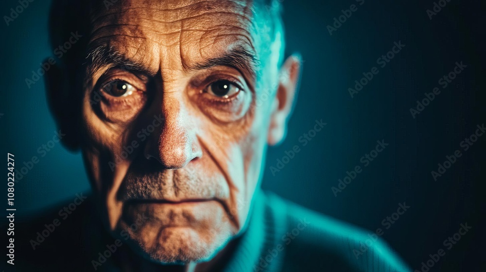 Portrait of an elderly man lit by intense artificial lighting, deep contrast, strong facial details, dramatic mood Portrait of an elderly man lit by intense artificial lighting, deep contrast, strong facial details, dramatic mood