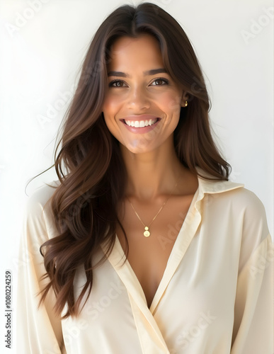 confident happy woman wearing necklase, portrait of successful happy positive asian office worker woman with confident face expression. photo