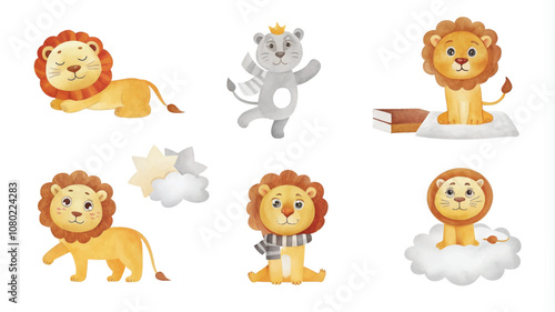 set of cute lions animals with clouds and stars over white background, vector illustration