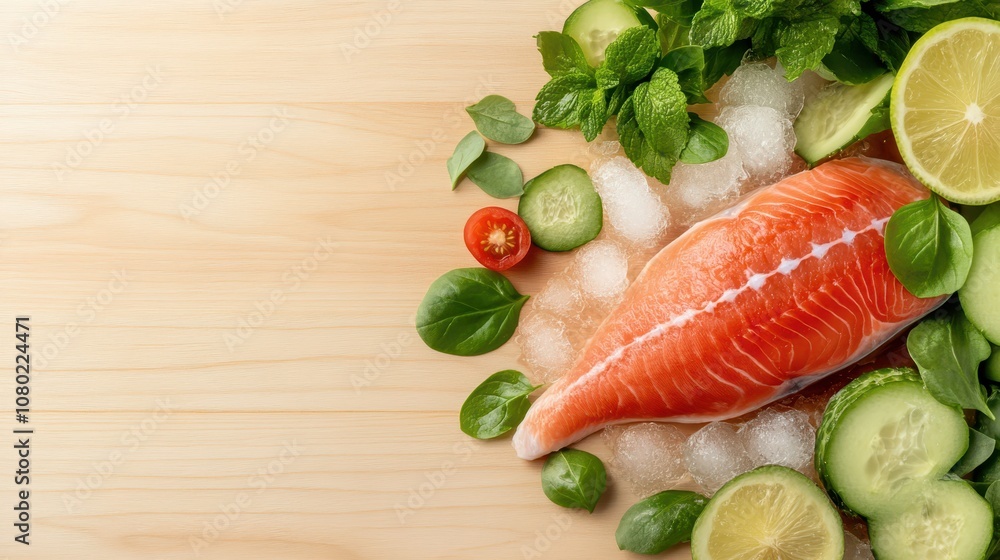 Fresh salmon on ice, vibrant culinary display of seafood delicacy Fresh salmon on ice, vibrant culinary display of seafood delicacy