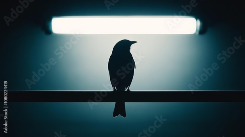 Silhouette of a bird perched under a bright streetlamp, high artificial contrast, dark urban backdrop photo