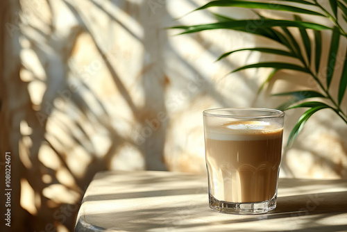 Cafe de Olla coffee in a health-focused, chic cafe with lush fronds, off-white decor, natural shadows, boujee, bougie, fair trade, eco vibe