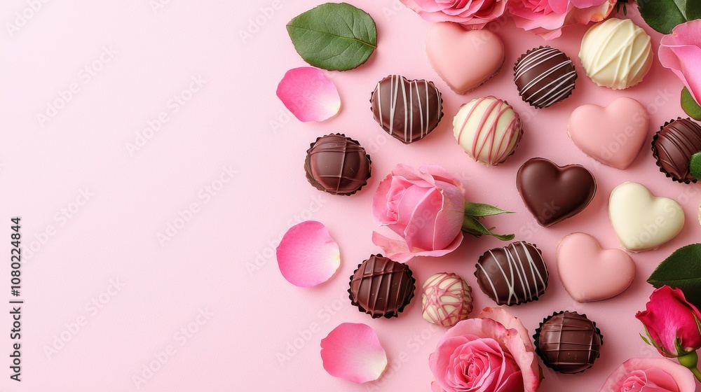 Romantic valentine's dinner setting with heart-shaped chocolates and pink roses top view perfect for anniversary celebrations Romantic valentine's dinner setting with heart-shaped chocolates and pink roses top view perfect for anniversary celebrations