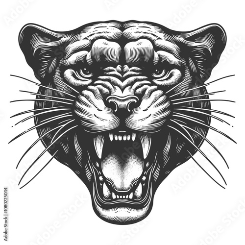 fierce roar growling panther head. Tattoo design, evoking a wild and powerful presence sketch engraving generative ai vector illustration. Scratch board imitation. Black and white image.