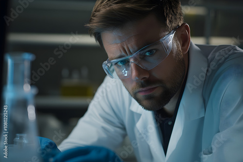 A scientist analyzing holographic DNA strands in a lab, representing advances in genetics. A scientist studying holographic genetic data.