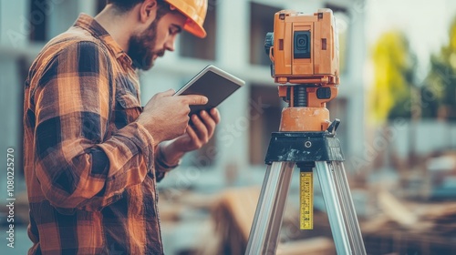 Close-up of a civil engineer holding a digital tablet, inspecting construction progress, and using a laser measure tool on a building site.
