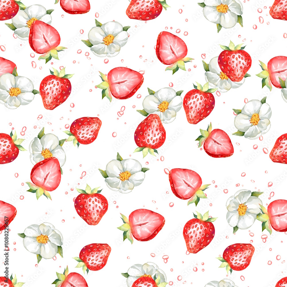 Red strawberries and flowers seamless pattern on white background. Red strawberries and flowers seamless pattern on white background.