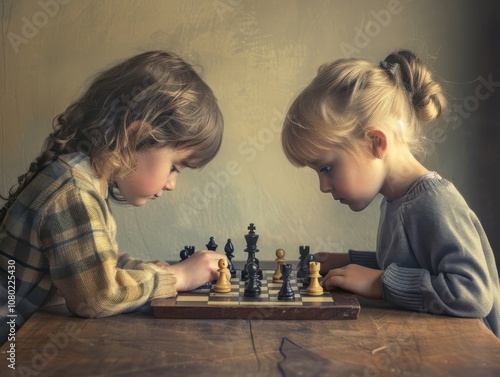 Two children deep in concentration while playing chess indoors on a cozy afternoon, capturing the essence of childhood
