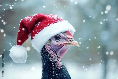 Festive winter turkey donning a santa hat amidst a serene winter wonderland landscape photo