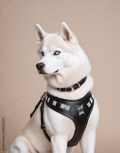 Dog. Husky. Dog in a beautiful harness. Leather, rhinestones.