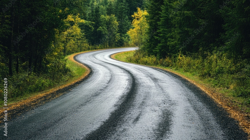 Fototapeta premium Winding asphalt road through a dense forest, wet from recent rain.
