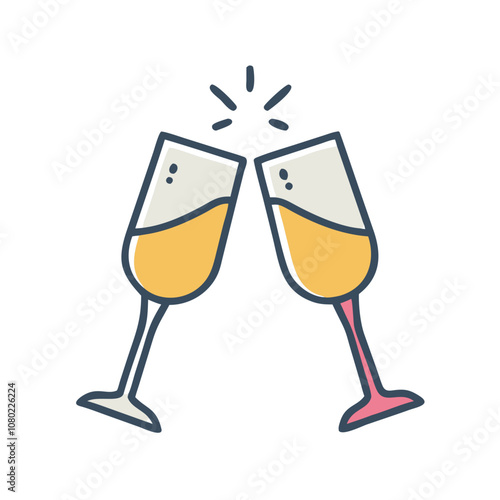 Two champagne flutes clinking together in celebration at a festive gathering, symbolizing joy and toasting to special moments during an evening event