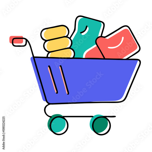 A colorful shopping cart filled with various items like snacks and beverages in a simple, modern illustration representing grocery shopping