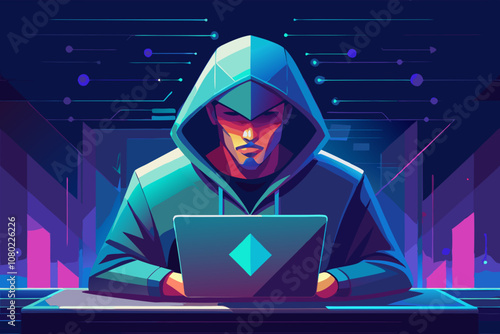 A digital hacker works intently on a laptop in a dimly lit room filled with high-tech equipment, showcasing a blend of concentration and modern technology during a late-night session