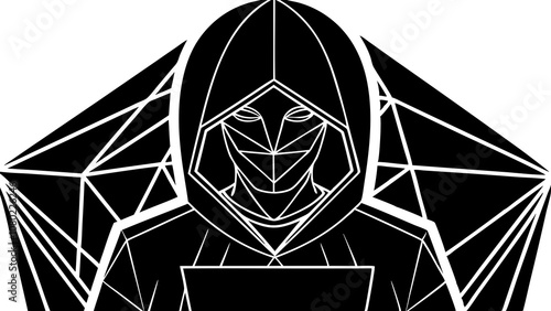 Mysterious figure in a hooded cloak with a geometric design holding a device, surrounded by a dark, abstract background, evoking a sense of intrigue and digital mystery