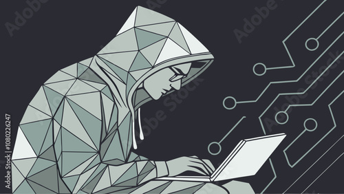 A focused individual wearing a geometric patterned hoodie types intently on a laptop, surrounded by circuit-like designs illustrating a digital environment
