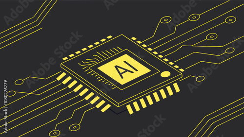 A close-up of a yellow artificial intelligence microchip surrounded by intricate circuitry against a dark background, illustrating technology and innovation in the digital age