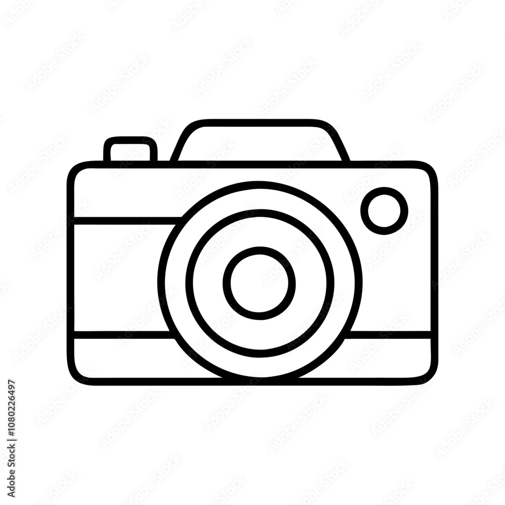 A simple black and white illustration of a camera showcasing its iconic features and design, ideal for use in creative projects or as a minimalist graphic element A simple black and white illustration of a camera showcasing its iconic features and design, ideal for use in creative projects or as a minimalist graphic element