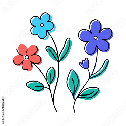 Colorful hand-drawn flowers featuring blue, red, and purple blooms with green leaves against a white background, highlighting a playful design and artistic style focused on nature