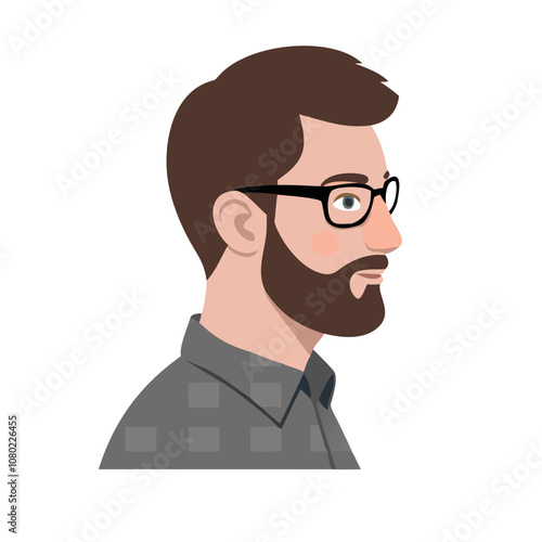 A digital illustration of a man with glasses and a beard, shown in profile view against a plain background, showcasing a modern and minimalistic design aesthetic
