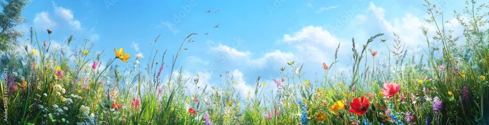 A vibrant field of wildflowers under a bright blue sky with fluffy clouds. A vibrant field of wildflowers under a bright blue sky with fluffy clouds.