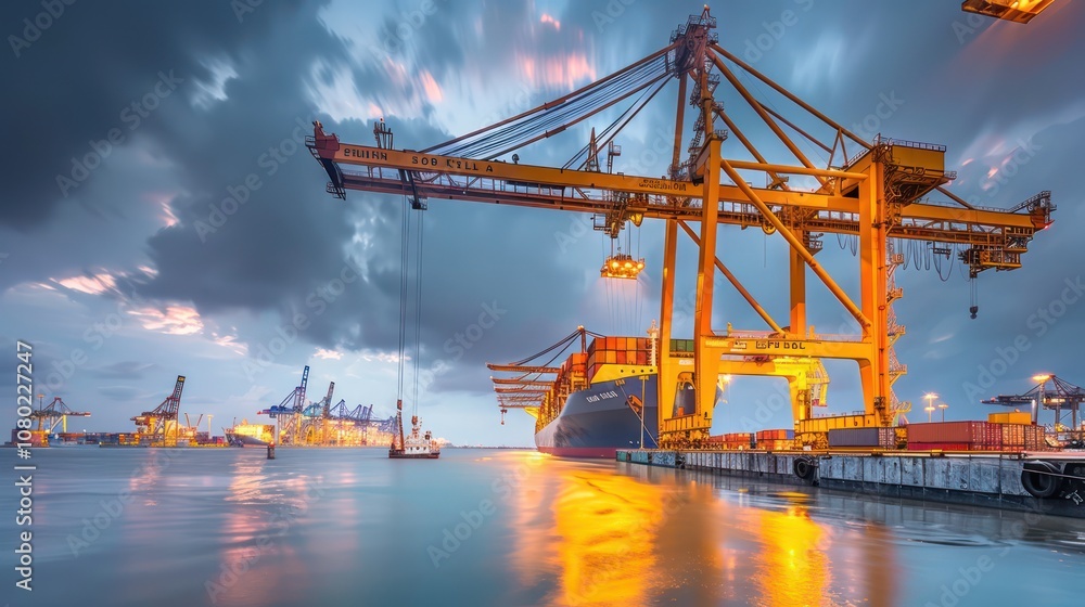 Fototapeta premium Gantry cranes unload container ships on a sunny summer day