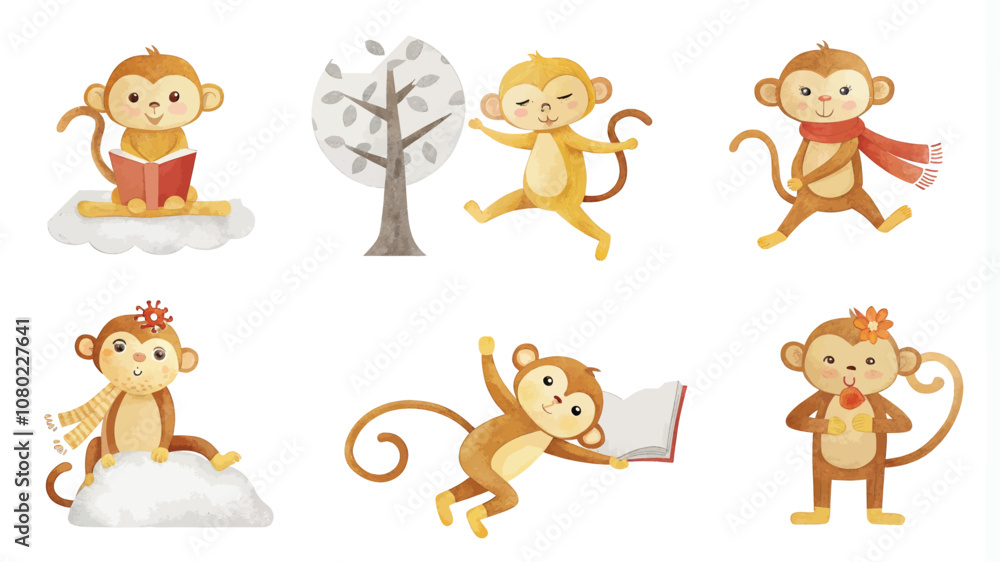 Naklejka premium Cute monkey cartoon character vector illustration set. Cute monkey cartoon character with book and tree.