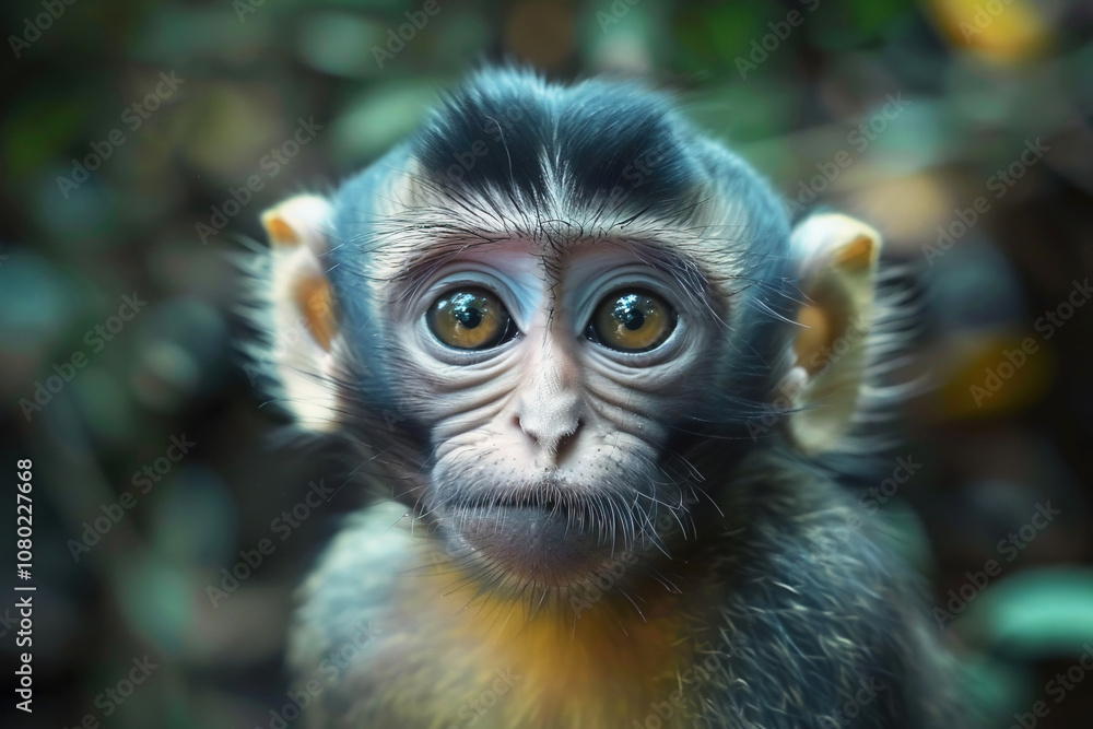 Close up of a young monkey displaying curiosity in a lush green forest during daylight Close up of a young monkey displaying curiosity in a lush green forest during daylight