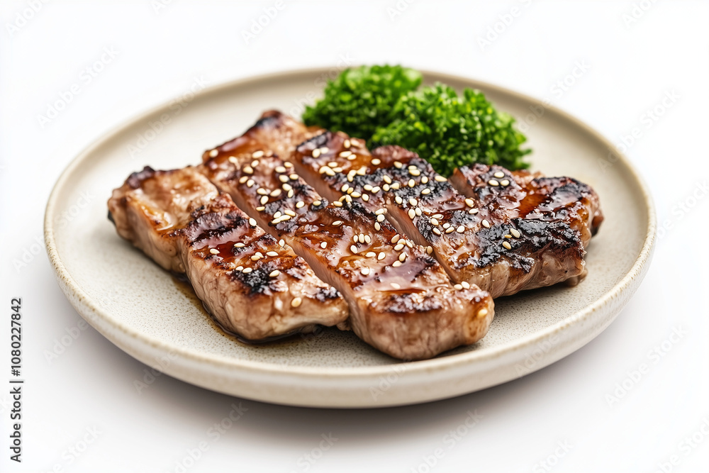 Grilled meat topped with sesame seeds on a decorative plate Grilled meat topped with sesame seeds on a decorative plate