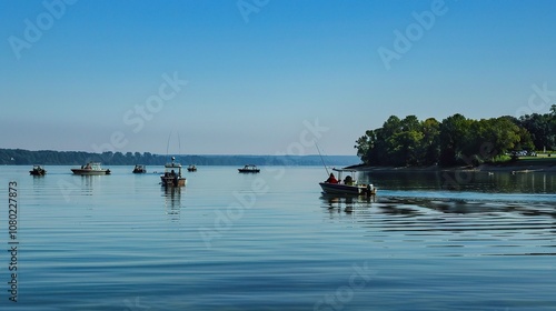 The Long View of Fishing Boats and Fishermen on the Lake - A Serene Scene of Fishing Life. The Calm Lake Reflects the Fishing Boats and the Busy Figures of the Fishermen