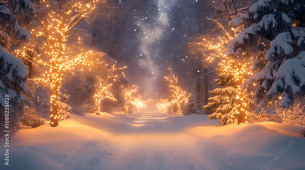 Illustration of a snowy forest with tall evergreen trees adorned with twinkling lights and snow-covered branches, set under a starlit winter sky, creating a serene holiday atmosphere. Illustration of a snowy forest with tall evergreen trees adorned with twinkling lights and snow-covered branches, set under a starlit winter sky, creating a serene holiday atmosphere.