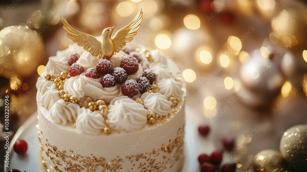 A festive cake adorned with golden decorations, berries, and a decorative bird on top. A festive cake adorned with golden decorations, berries, and a decorative bird on top.
