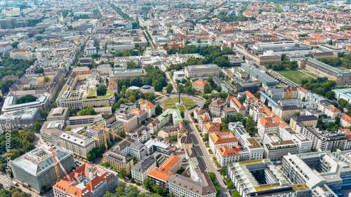 Central Munich’s historic charm captured from above, with its iconic landmarks and lush greenery blending seamlessly