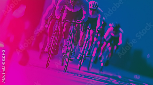 Artistic depiction of cyclists racing with vibrant, abstract backgrounds. photo