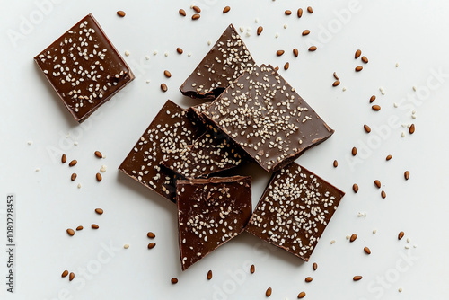 Pieces of sesame chocolate bark laid out on a white background photo