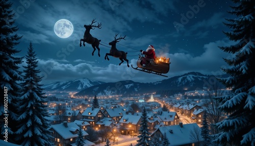  Santa Claus flying in the night sky with his sleigh and reindeer, Snowy winter landscape below, Full moon illuminating the scene, Bright stars scattered across the sky, Soft blue and white glow.