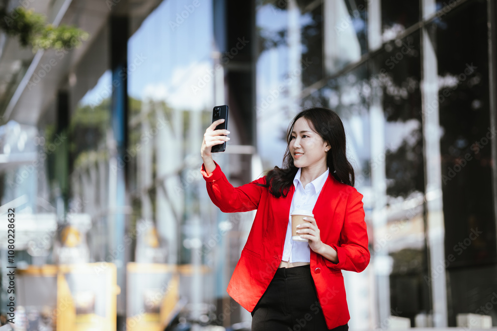 Fototapeta premium Beautiful Asian businesswoman walking confidently on a modern city street, smiling while using a smartphone. Success, urban lifestyle and modern communication.